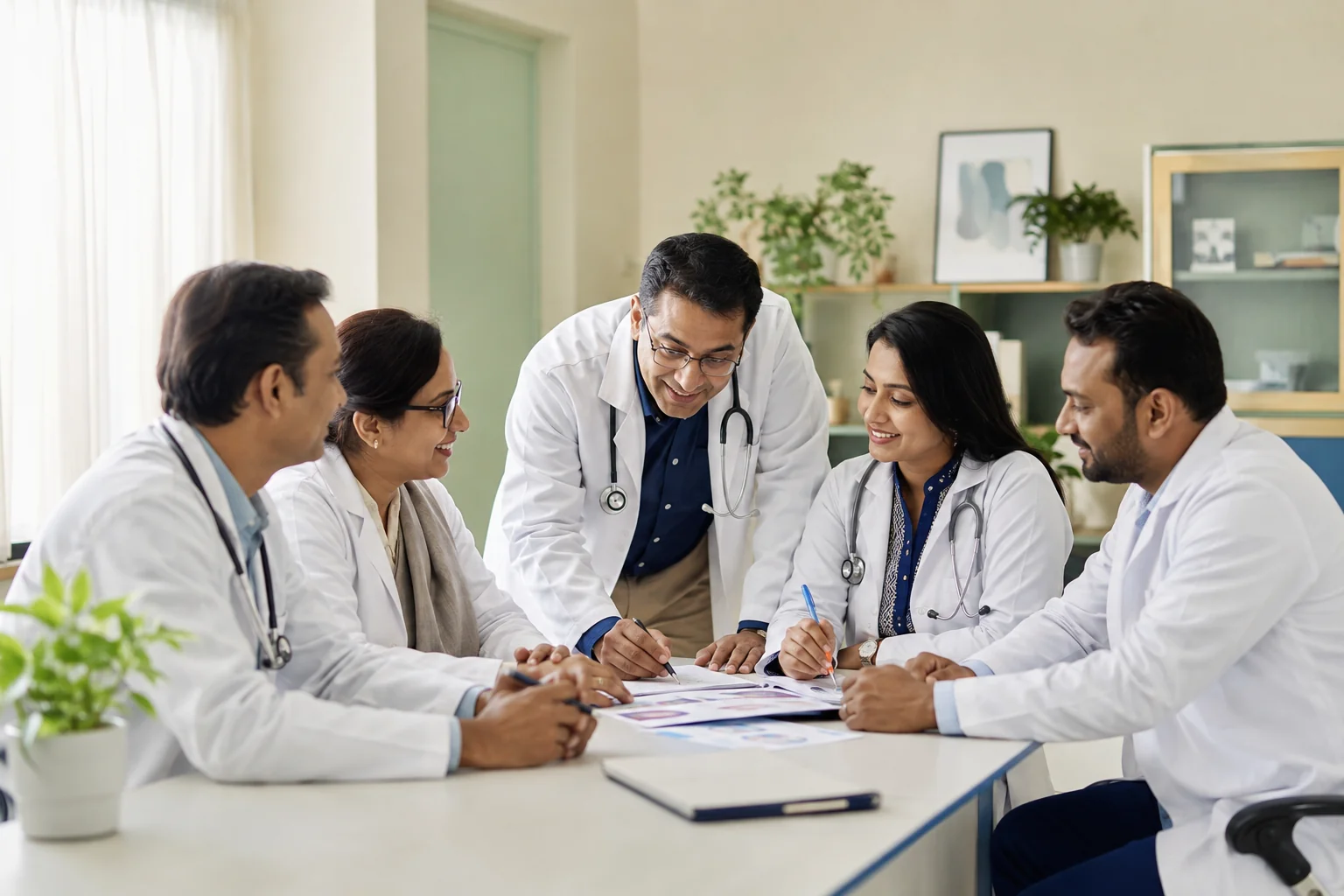 Illustration of Bangladeshi family physicians discussing patient care